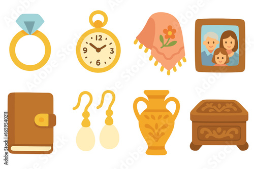 Heirloom Icons Grid. Flat vector mini-illustrations precious heirlooms in colors children's illustrations: diamond ring, gold