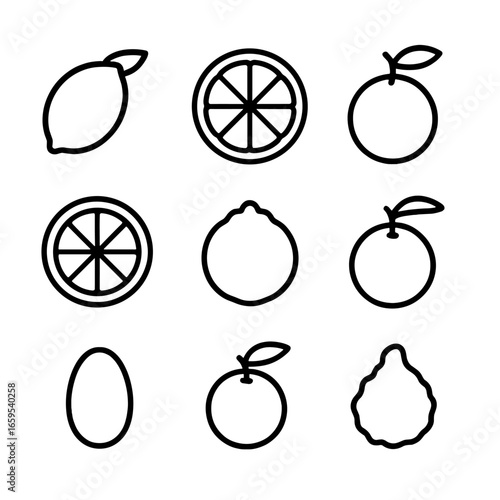 Citrus Icon Collection. Outline icon set of zesty citrus fruits: lemon, lime, orange, grapefruit, yuzu, calamansi, tangerine,