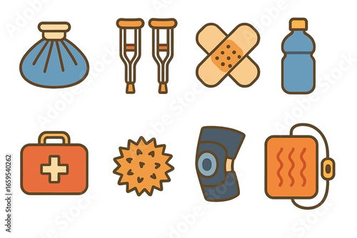 Sports Recovery Icons. Flat vector mini-illustrations Sports medicine and recovery in colors children's