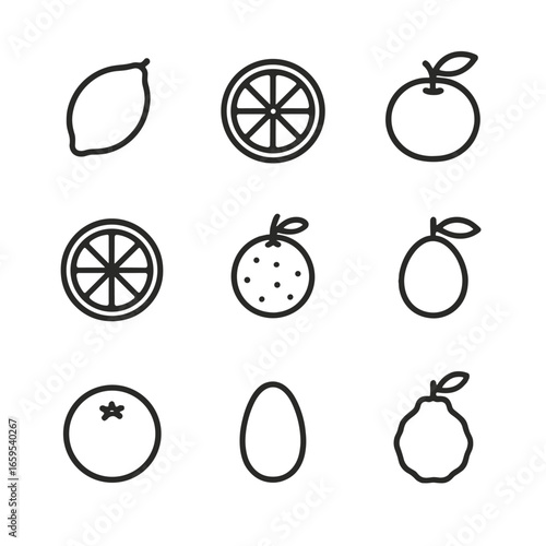 Citrus Icon Collection. Outline icon set of zesty citrus fruits: lemon, lime, orange, grapefruit, yuzu, calamansi, tangerine,