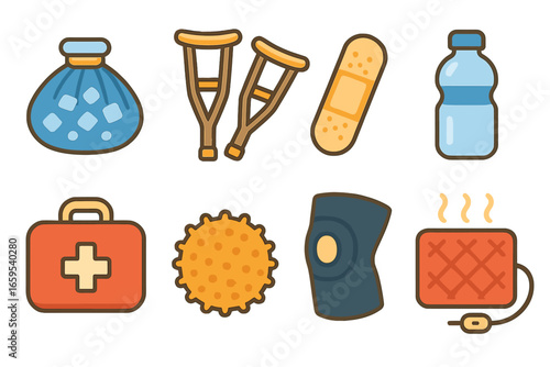 Sports Recovery Icons. Flat vector mini-illustrations Sports medicine and recovery in colors children's