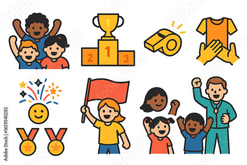 Sports Victory Icons. Flat vector mini-illustrations of mixed sports victory moments in colors children's