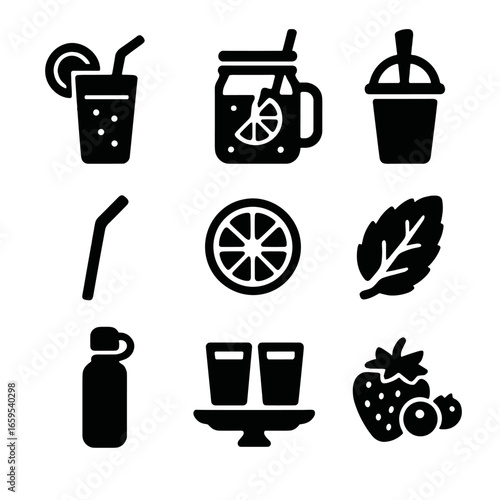 Spring Beverage Icons. Solid, filled icons set of spring beverages: lemonade glass, iced tea jar, smoothie cup
