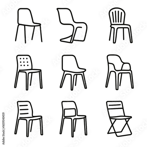 Iconic Chair Designs. Outline icon set of plastic chair designs: minimalist, futuristic, classic, industrial, retro, sculptural,