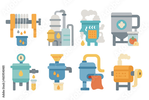 Industrial Filtration Icons. Flat vector mini-illustrations filtration in industry in colors children's illustrations: industrial