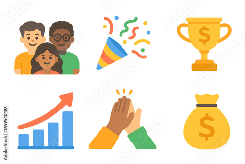 Startup Celebration Icons. Flat vector mini-illustrations of a team of entrepreneurs celebrating the first
