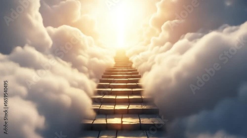 Ladder or way heavens gate in paradise. After life concept. Stairs to heaven in beautiful blue cloudy sky. God light. Stairway through clouds leading to heavenly light in spiritual fantasy. Religion