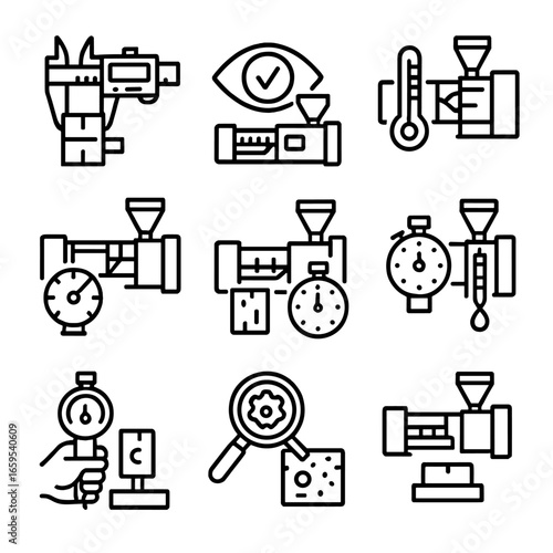 Injection Molding Icons. Outline icon set of injection molding quality control: dimensional inspection, visual check, mold