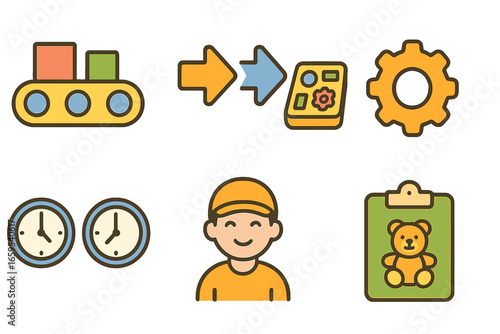 Streamlined Production Process. Flat vector mini-illustrations improving production flow in colors children's