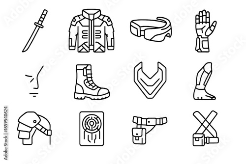 Street Samurai Icons. Outline vector icons of street samurai aesthetics: katana, armored coat, tech visor,