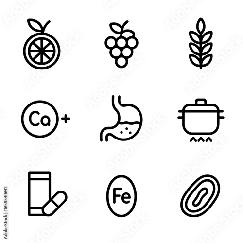 Iron Absorption Icons. Outline icon set of iron absorption factors: vitamin C, tannins, phytates, calcium, stomach acid, cooking