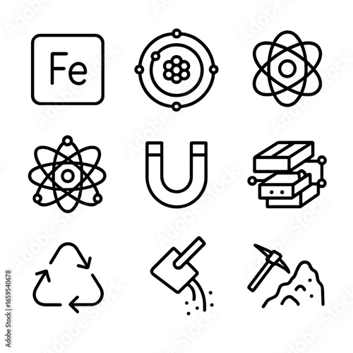 Iron Concept Icons. Outline icon set of atomic number 26 concepts: Fe element symbol, electron shell, iron nucleus, atomic