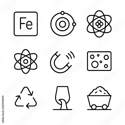 Iron Concept Icons. Outline icon set of atomic number 26 concepts: Fe element symbol, electron shell, iron nucleus, atomic