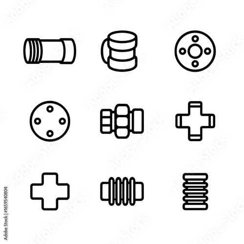 Iron Pipe Fittings Icons. Outline icon set of iron pipe fittings: threaded pipe, socket weld, slip-on flange, blind flange, union,