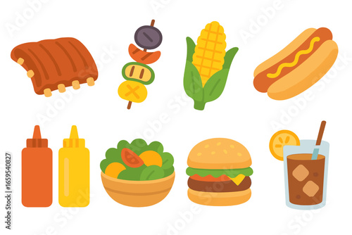 Summer Cookout Delights. Flat vector mini-illustrations Summer cookout foods in colors children's