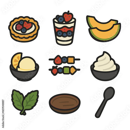 Summer Fruit Desserts. Solid, filled icons set of summer fruit desserts on kitchen counter: fruit tart, berry