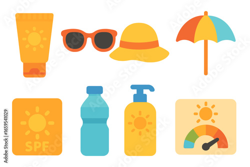 Sun Safety Essentials. Flat vector mini-illustrations sun protection essentials in colors children's
