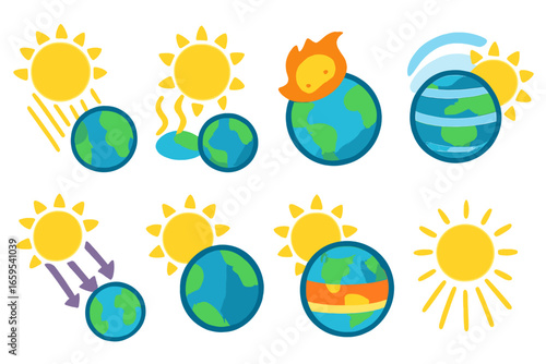 Sun-Earth Interaction Icons. Flat vector mini-illustrations Sun and Earth interaction in colors children's