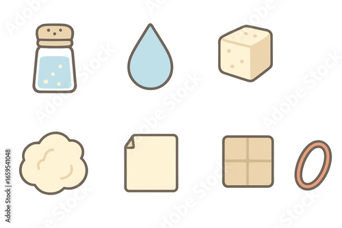 Kids' Neutral Substances Icons. Flat vector mini-illustrations neutral substances in colors children's illustrations: table salt,