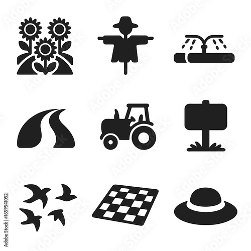 Sunflower Field Icons. Solid, filled icons set of sunflower field elements: rows of sunflowers, scarecrow,