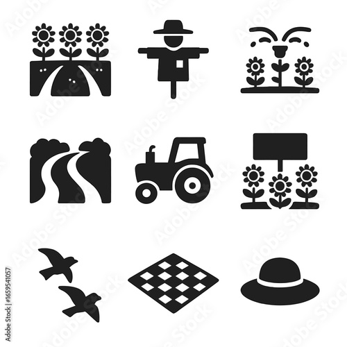 Sunflower Field Icons. Solid, filled icons set of sunflower field elements: rows of sunflowers, scarecrow,
