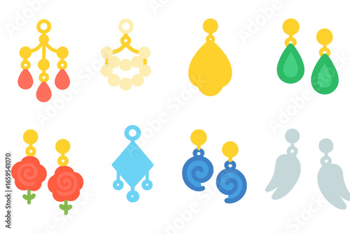 Colorful Earring Icons. Flat vector mini-illustrations fancy earrings in colors children's illustrations: chandelier earrings,