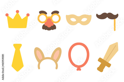 Kids' Party Props. Flat vector mini-illustrations funny cutouts in colors children's illustrations: paper crown, silly glasses,
