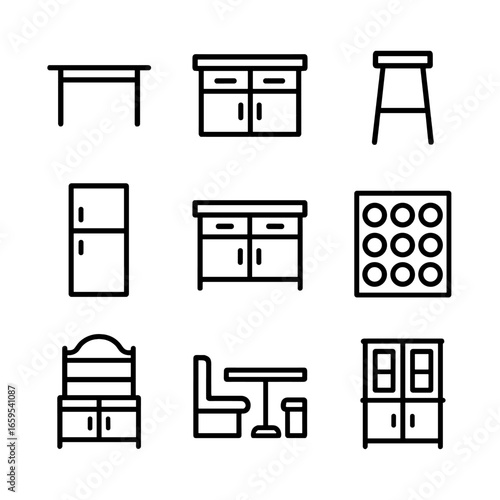 Kitchen Furniture Icons. Outline icon set of kitchen furniture: dining table, kitchen island, bar stool, pantry cabinet, buffet,