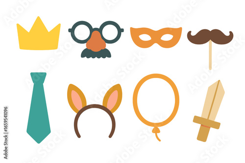 Kids' Party Props. Flat vector mini-illustrations funny cutouts in colors children's illustrations: paper crown, silly glasses,