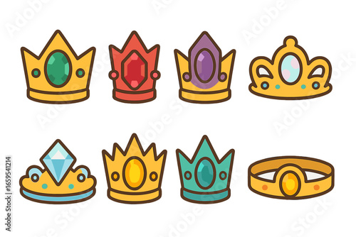 Colorful Gemstone Crowns Grid. Flat vector mini-illustrations gemstone crowns in colors children's illustrations: emerald crown,