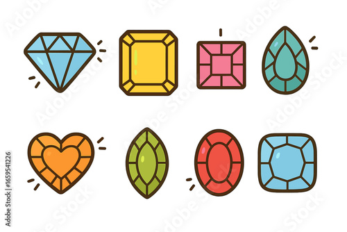 Colorful Gemstone Cuts. Flat vector mini-illustrations gemstone cuts in colors children's illustrations: brilliant cut, emerald