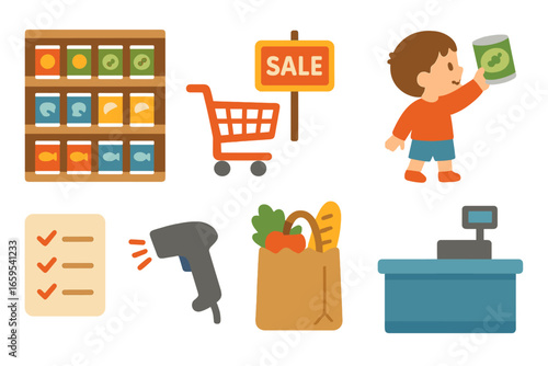 Supermarket Aisle Icons. Flat vector mini-illustrations Supermarket canned goods aisle in colors children's