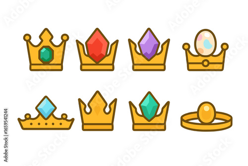 Colorful Gemstone Crowns Grid. Flat vector mini-illustrations gemstone crowns in colors children's illustrations: emerald crown,