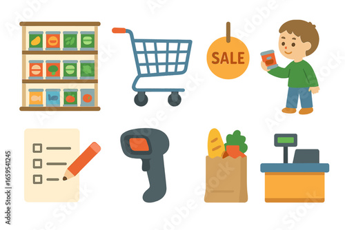 Supermarket Aisle Icons. Flat vector mini-illustrations Supermarket canned goods aisle in colors children's