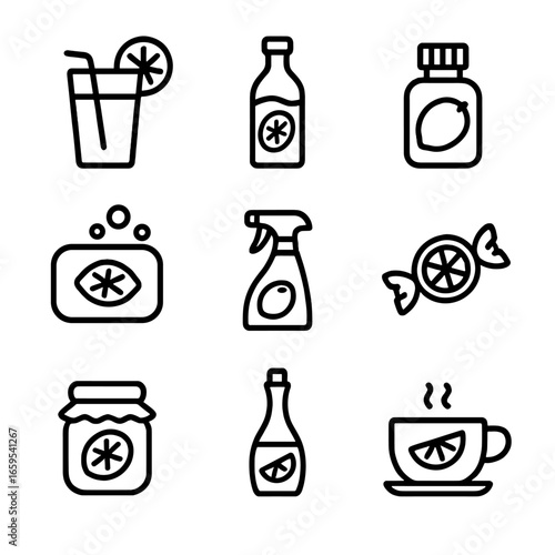 Lemon Product Icons. Outline icon set of lemon products: lemonade glass, lemon syrup bottle, lemon essential oil, lemon soap,