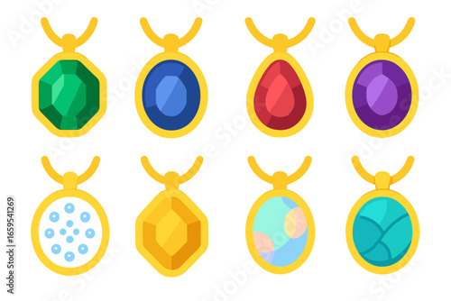 Colorful Gemstone Lockets. Flat vector mini-illustrations gemstone lockets in colors children's illustrations: emerald locket,