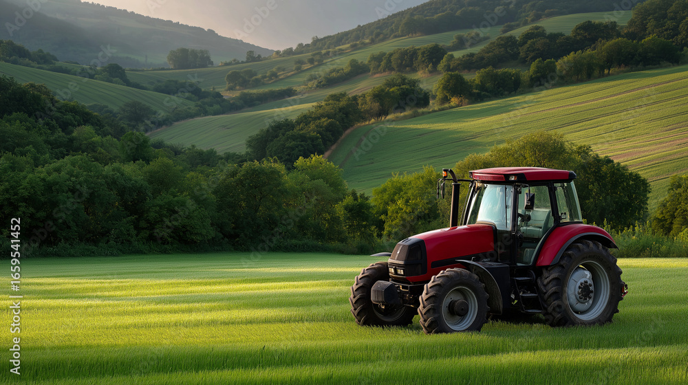 Fototapeta premium A tractor working in green fields with gentle lighting