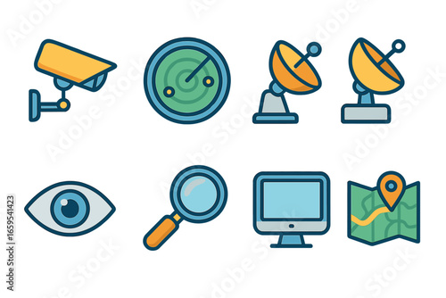 Surveillance Icons Grid. Flat vector mini-illustrations state surveillance in colors children's illustrations: