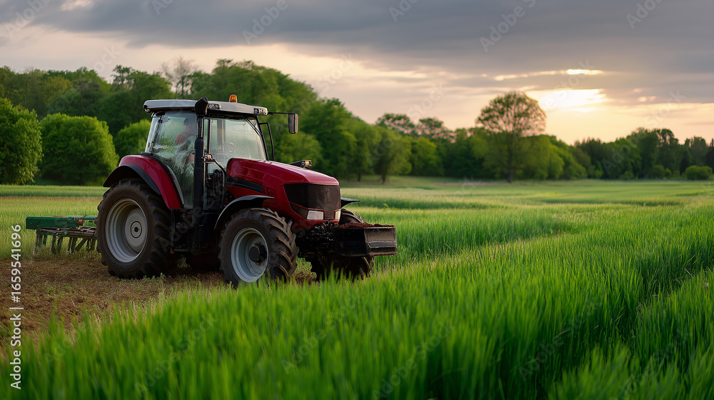 Fototapeta premium A productive farming scene with a tractor in green fields