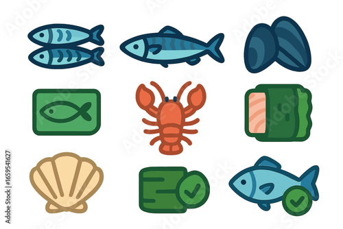 Sustainable Seafood Icons. Flat vector mini-illustrations sustainable seafood options in colors children's