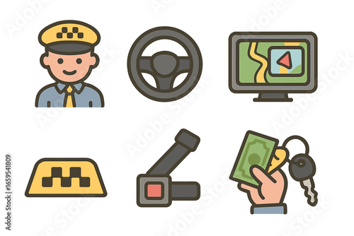 Taxi Driver Icons. Flat vector mini-illustrations Taxi drivers at work in colors children's illustrations: