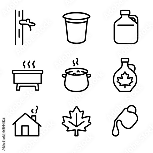 Maple Syrup Icons. Outline icon set of maple syrup production: maple tap, sap bucket, sap collection container, evaporator pan,