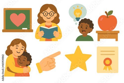 Teacher-Student Bonding Moments. Flat vector mini-illustrations teacher and student bonding moments in colors