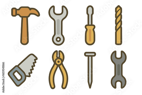 Colorful Tool Icons. Flat vector mini-illustrations alloy tools in colors children's illustrations: bronze hammer, titanium wrench