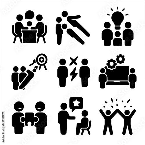 Team Building Icons. Solid, filled icons set of team building activities: group discussion, trust fall,