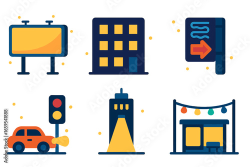 Colorful Urban Icons. Flat vector mini-illustrations bright city in colors children's illustrations: glowing billboard, lit