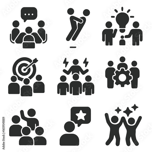 Team Building Icons. Solid, filled icons set of team building activities: group discussion, trust fall,