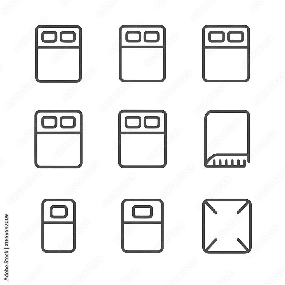 Comforter Sizes Icons. Outline icon set of comforter sizes: twin, full, queen, king, California king, throw blanket, crib size, Comforter Sizes Icons. Outline icon set of comforter sizes: twin, full, queen, king, California king, throw blanket, crib size,
