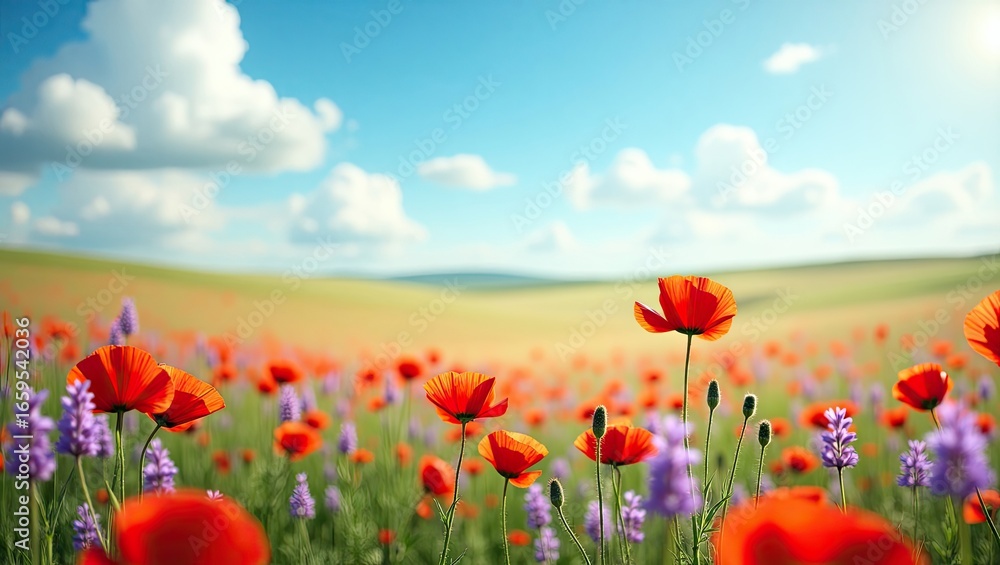 Obraz premium A vibrant field of red poppies and purple wildflowers stretches out under a bright summer sky.