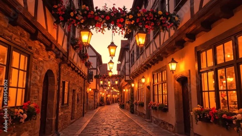 Wallpaper Mural Charming European Street at Dusk with Lanterns Torontodigital.ca